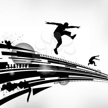 Abstract background with black curved elements and silhouette jumping boys. eps10