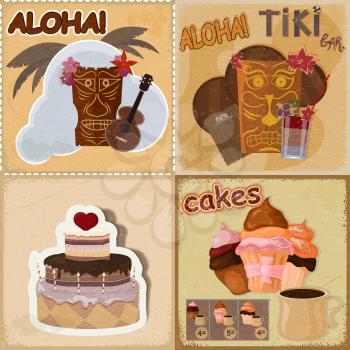 Set of vintage cards - invitations - with food and Hawaiian masks