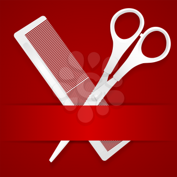 Scissors and comb - advertising barbershop - on a red background