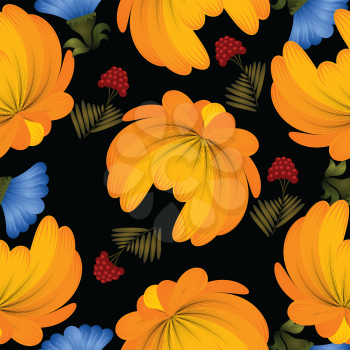 Seamless texture with yellow flowers on a black background