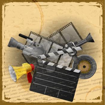 Vintage card with a set of objects for cinematography with elements of grunge