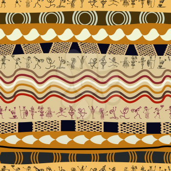 Seamless  tribal pattern with silhouettes of the primitive people 