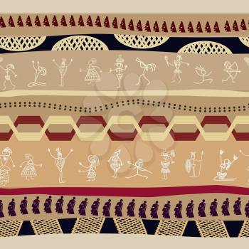 Seamless  tribal pattern with silhouettes of the primitive people and mask