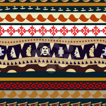 Seamless pattern with elements of embroidery and tribal masks
