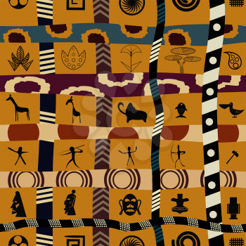 Tribal seamless pattern with graphic flowers and animals