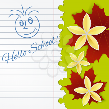 Sheet of school notebook with flowers and 
leaves of maple