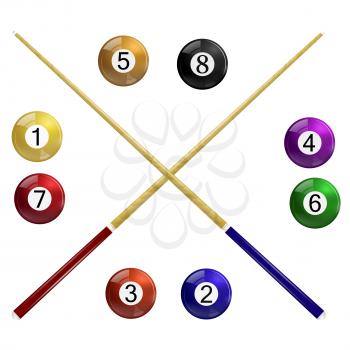 Royalty Free Clipart Image of Two Cues and Billiard Balls