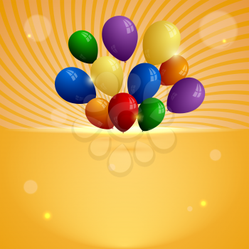 Orange background with rays and colored balloons