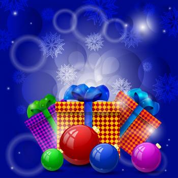 Christmas gifts and Christmas balls on a blue background
