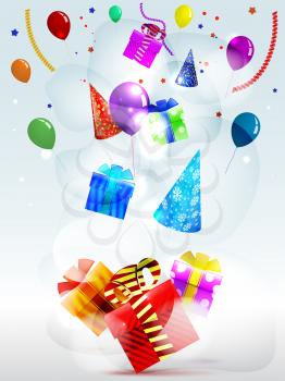 Holiday gifts in boxes on a striped colored background of balloons