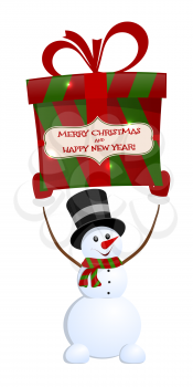 Christmas snowman with gift on white background