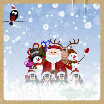 Greeting Christmas card with Santa Claus, reindeer, snowman, penguins and bullfinch on retro background