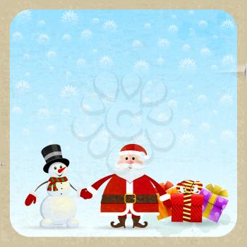 Santa Claus and snowman with gifts on a retro background