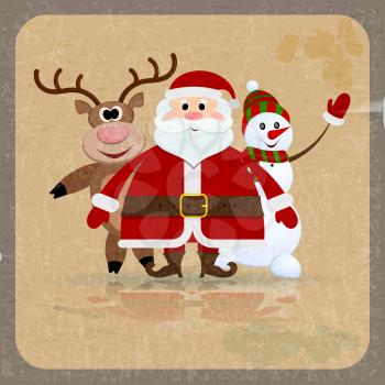 Santa Claus, snowman and reindeer on a retro background