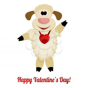 Cheerful lamb with a red heart on her neck - greeting card for Valentine's Day