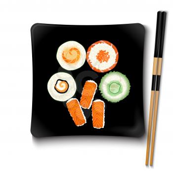 Japanese seafood sushi on a black square plate