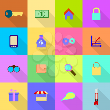 16 flat icons on a colored background