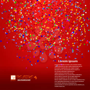Red background with confetti. Sample for your festive design. Vector illustration