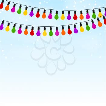 Garland of colored lights on blue festive background. Vector illustration.