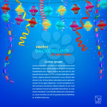 Festive blue background with a garland of paper lanterns, chains and serpentine. Vector illustration.