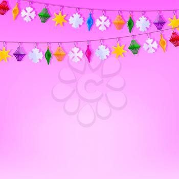 Festive purple background with a garland of paper Christmas toys. Vector illustration.