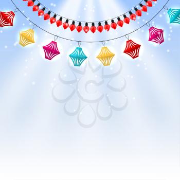 Winter blue background and a garland of colored lights and paper toys. Vector illustration.