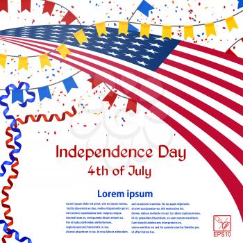 Independence Day card with American flag, confetti and streamers