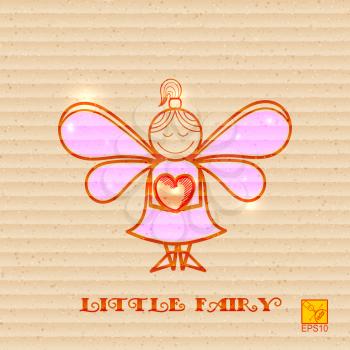 Little fairy with heart in hands on cardboard background