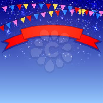Festive blue background with flags and confetti. Vector illustration