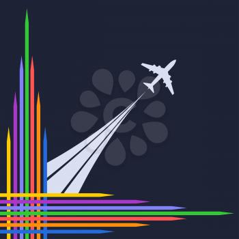 Plane silhouette on a blue background and bright corner frame. Vector illustration