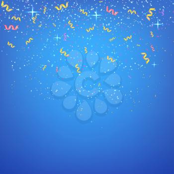 Abstract blue background with streamers and confetti. Vector illustration.