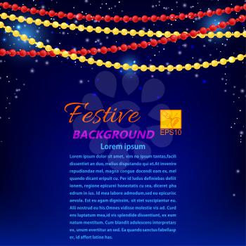 Garlands of red and yellow pearls on blue background with reflections. Vector illustration.