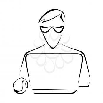 Silhouette of a man sitting at a laptop computer. Graphic drawing. Vector illustration