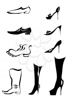 Set of black silhouettes of stylized men's and women's shoes. Vector illustration