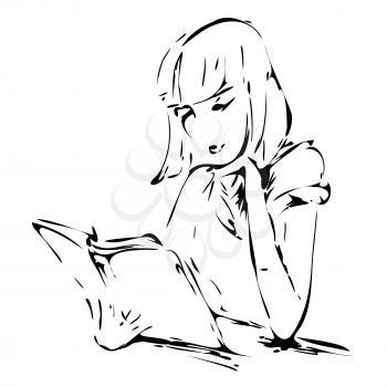 Graphic drawing of a girl reading a book. Vector illustration.