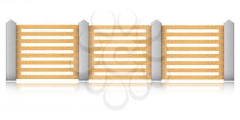 Wooden fence with concrete columns on a white background. Vector illustration. 
