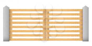 Wooden fence with concrete columns on a white background. Gates. Vector illustration. 