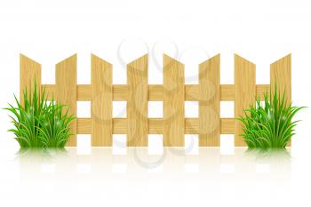 Wooden fence isolated on a white background and green grass. Vector illustration. 