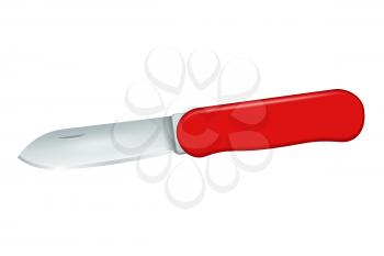 Folding knife for tourism with a red handle. Isolated on white background. Vector illustration. 