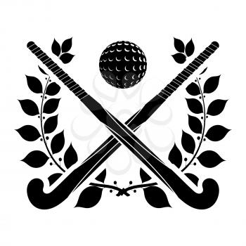 Black silhouette of two sticks for field hockey and ball with a laurel wreath. Vector illustration.