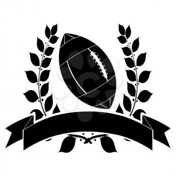 Black silhouette of an American football ball with laurel wreath and ribbon. Vector illustration.