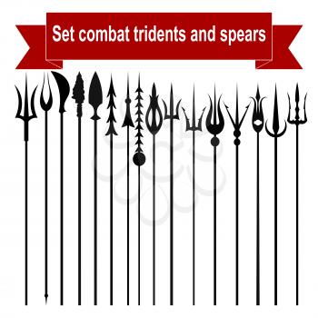 Set combat tridents and spears isolated on a white background. Vector illustration.