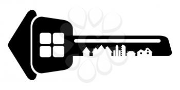Logo of the builder, house key isolated on white background. Silhouette of the city's architecture. Vector illustration. 