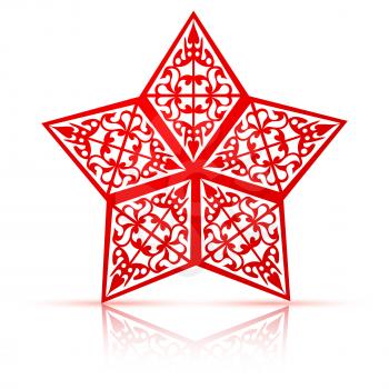 Red star cut from paper isolated on white background. Snowflake. Vector illustration. 
