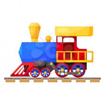 Red blue train on the railroad isolated on white background. Cartoon. Vector illustration. 
