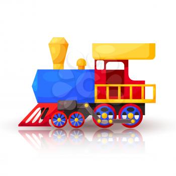 Red blue train with shadow and reflection. Cartoon. Vector illustration. 