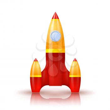 Yellow-red rocket with shadow and reflection. Cartoon. Vector illustration. 