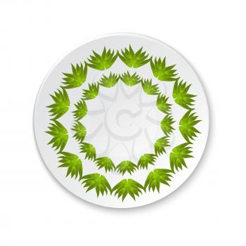 Round porcelain plate on a painting of a green leaf on a white background. Vector illustration