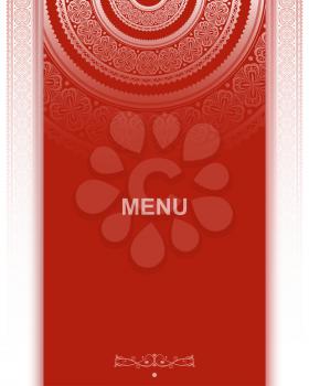 Menu decoration on red background with lace ornament. Vector illustration