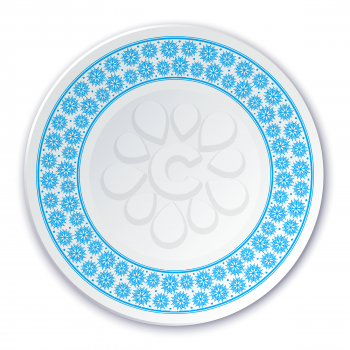 Round porcelain plate on a painting of a blue snowflakes on a white background. Vector illustration